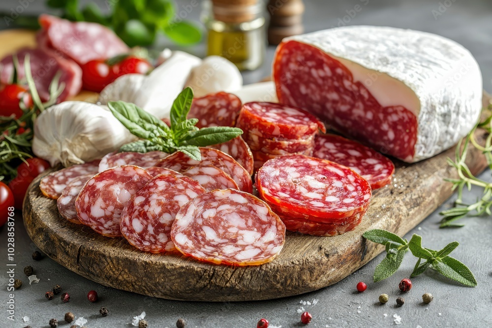 Sliced Salami with Herbs and Spices on a Wooden Cutting Board Sliced Salami with Herbs and Spices on a Wooden Cutting Board