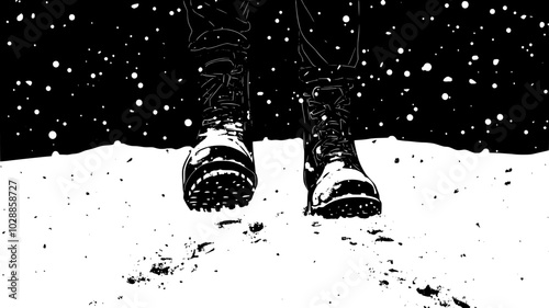 Boots leaving footprints in fresh snow on rooftop, vector illustration art