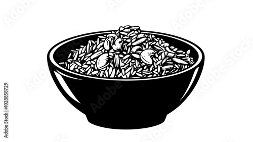 Bowl of wild rice pilaf with nuts, vector illustration art