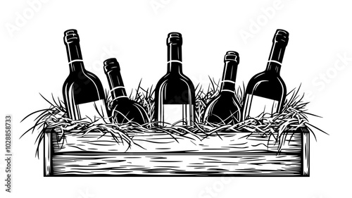 Bottles of wine nestled in a straw-filled wooden box, vector illustration art