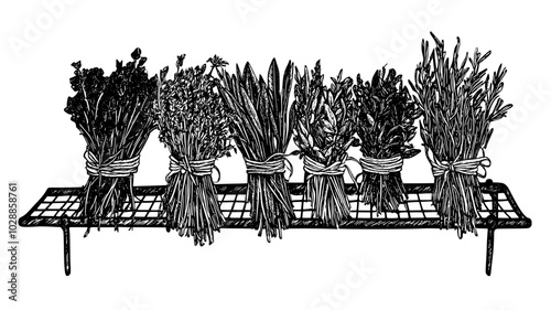 Bundles of dried herbs tied with twine on a rack, illustration