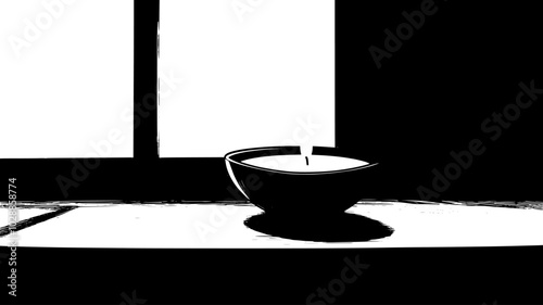 Candle burning in a window sill next to a bowl of milk, illustration