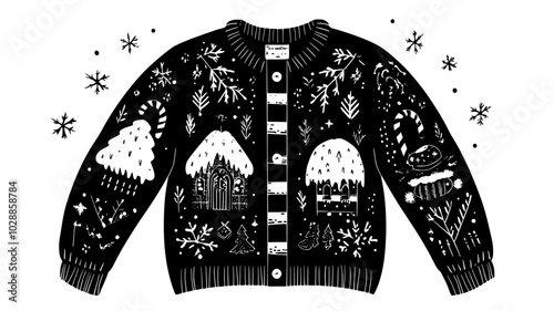 Cardigan adorned with candy canes and gingerbread house designs, illustration