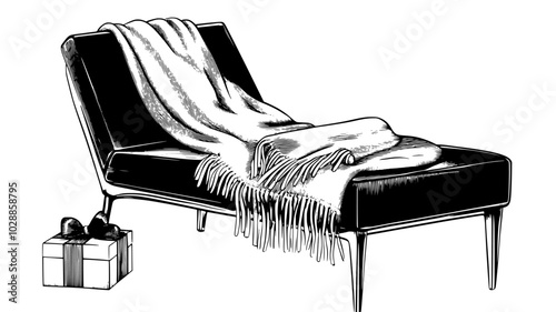 Cashmere throw folded on chaise lounge with gift box nearby, illustration