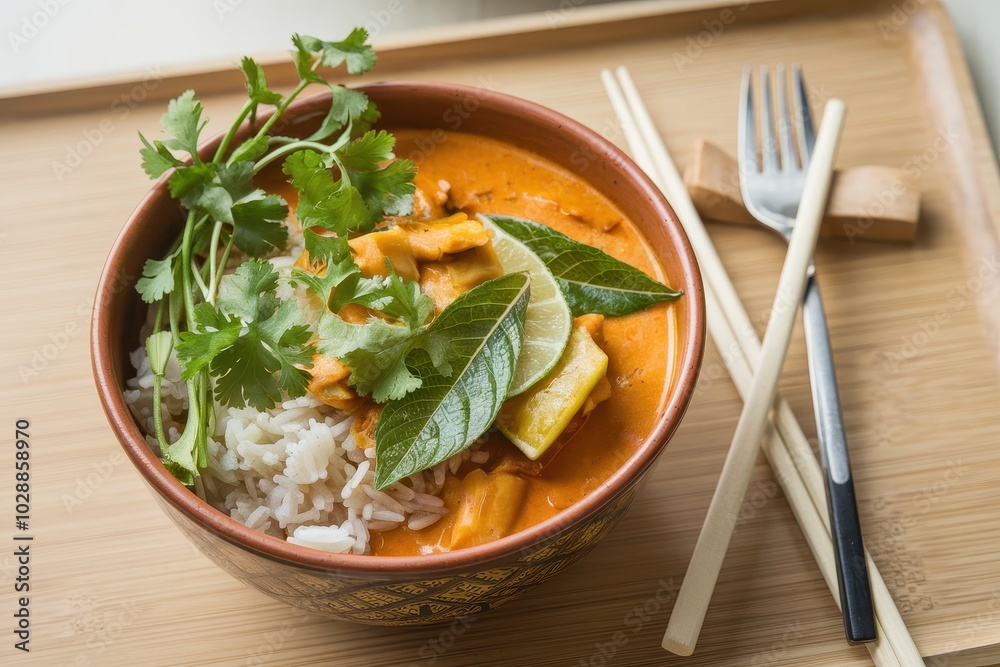A bowl of red curry with rice and lime A bowl of red curry with rice and lime
