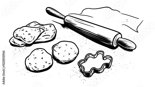 Cookie cutters and rolling pin on a flour-dusted countertop, illustration