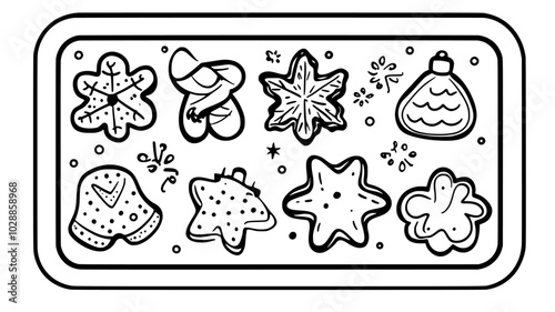 Cookies arranged on baking sheet with festive shapes, illustration art