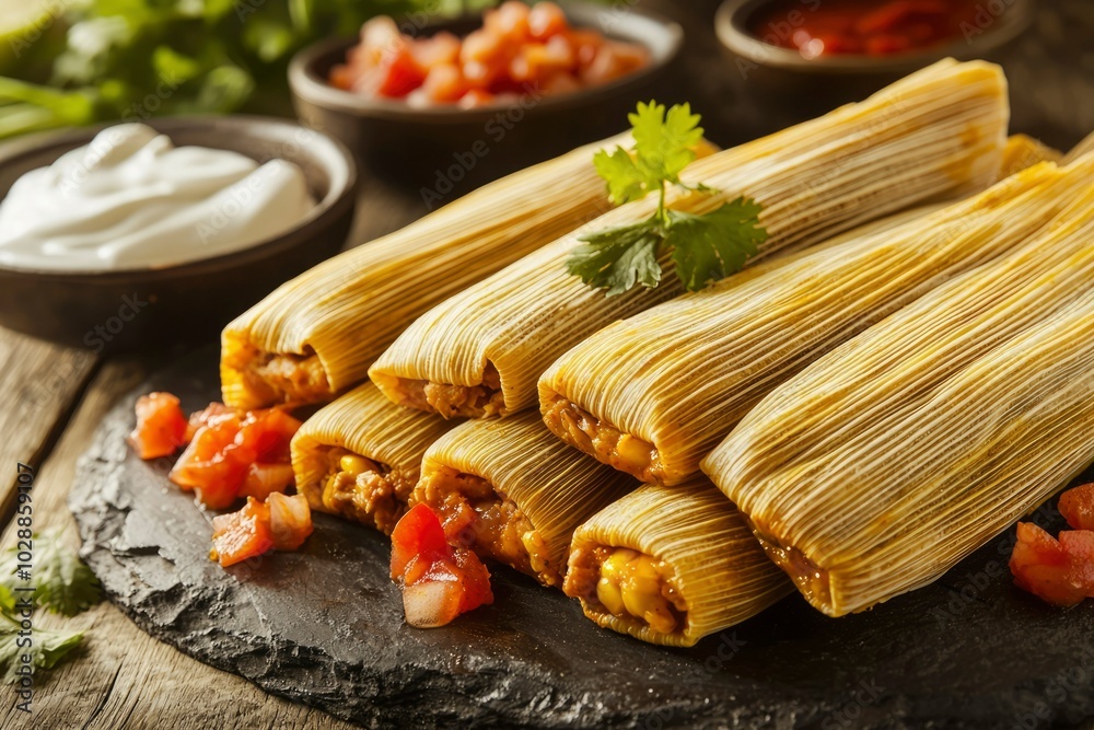 Close-up of Steamed Corn Husk Tamales with Salsa and Cilantro Close-up of Steamed Corn Husk Tamales with Salsa and Cilantro