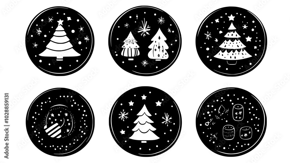 Dinner plates with holiday motifs at each place setting, illustration art Dinner plates with holiday motifs at each place setting, illustration art