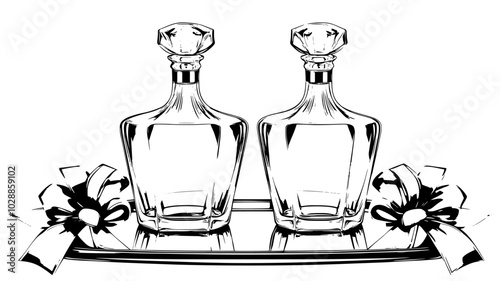 Crystal decanter set on mirrored tray with gift ribbon nearby, illustration