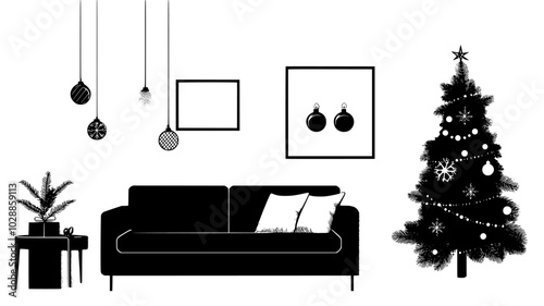 Coniferous tree adorned with ornaments and lights in the living room corner, illustration art