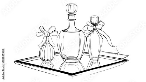 Crystal decanter set on mirrored tray with gift ribbon nearby, illustration art