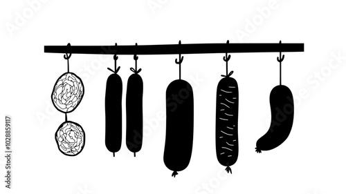 Cured meats and sausages hanging from hooks, illustration
