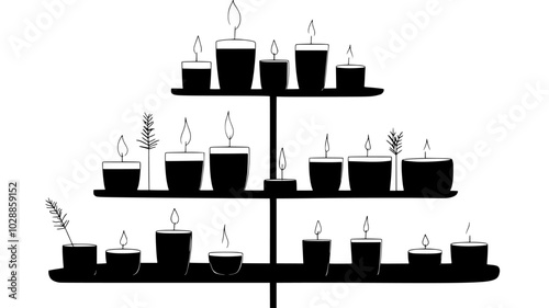 Display of locally made candles on a tiered stand, illustration art