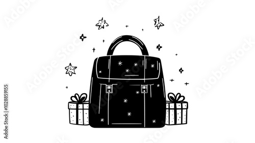 Elf-sized backpack filled with tiny wrapped presents, illustration
