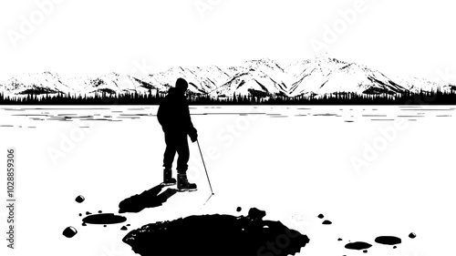 Frozen lake surface with ice fishing holes drilled, illustration