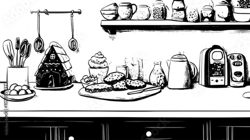 Gingerbread house village displayed on a kitchen counter for holiday decor, illustration