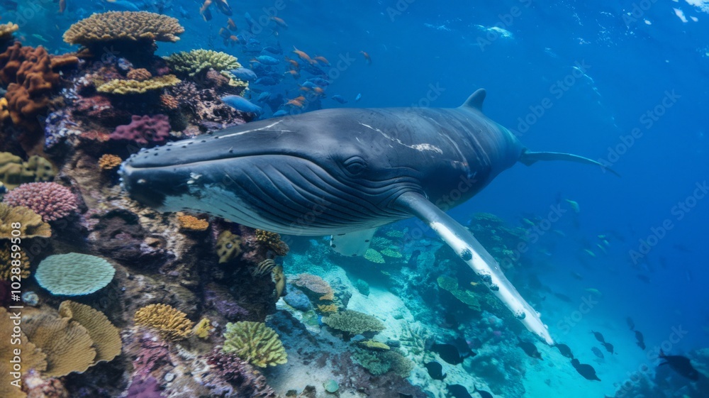 Obraz premium Humpback whale swimming among corals, underwater, marine life concept.