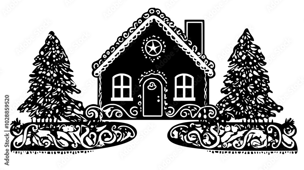 Naklejka premium Gingerbread house with a pretzel fence and path, illustration art