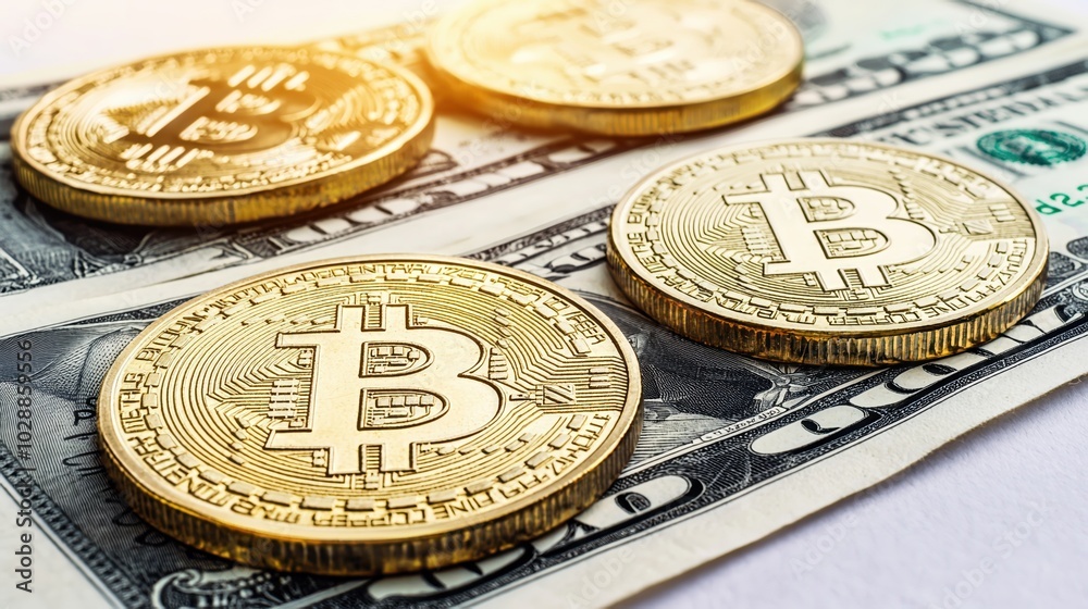 Close-up of golden Bitcoin coins on a stack of US dollar bills, symbolizing cryptocurrency investment and finance. Close-up of golden Bitcoin coins on a stack of US dollar bills, symbolizing cryptocurrency investment and finance.