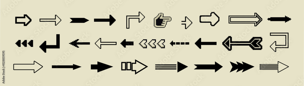 8 Bit pixel arrows vector big set of icons, collection of arrow direction cursors in old PC or gaming console style, single color symbols 8 Bit pixel arrows vector big set of icons, collection of arrow direction cursors in old PC or gaming console style, single color symbols