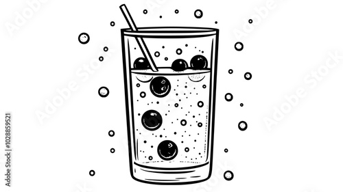 Glass of sparkling cider with cranberries floating on top, illustration art