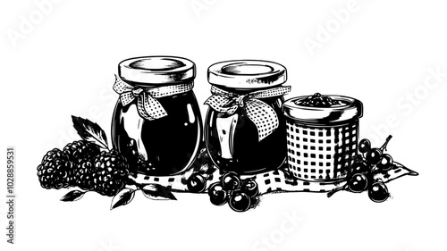 Glass jars filled with homemade jams on a gingham cloth, illustration