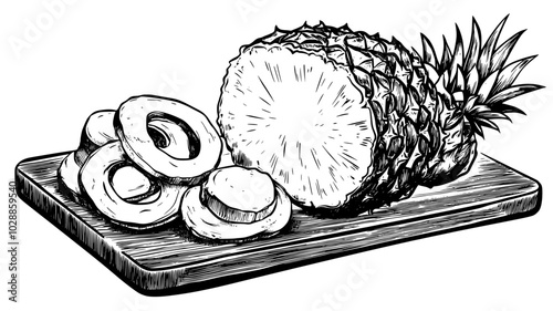 Ham with pineapple rings on a serving board, illustration