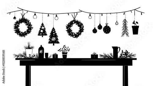 Handcrafted wreaths and garlands displayed on rustic wooden tables, illustration