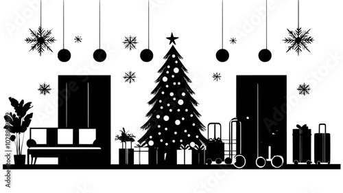 Hotel lobby with a grand Christmas tree and luggage carts, illustration