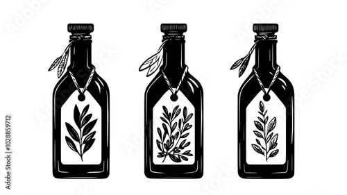 Infused olive oil bottles with tags, illustration art