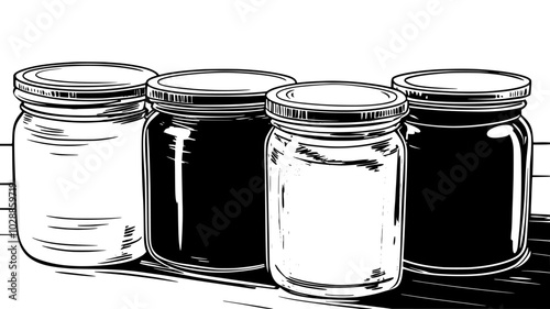 Jars of homemade preserves lined up on a tablecloth, illustration