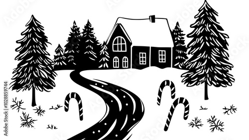 Large candy canes lining the driveway leading to the house, illustration art