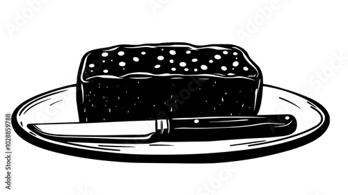 Lentil loaf on a serving plate with knife, illustration