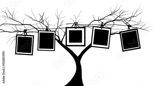 Miniature picture frames holding photos hung on tree limbs, illustration