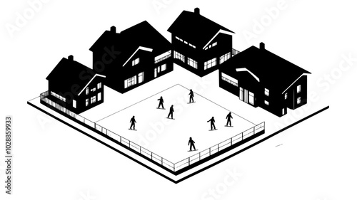 Miniature ice skating rink surrounded by village buildings, illustration