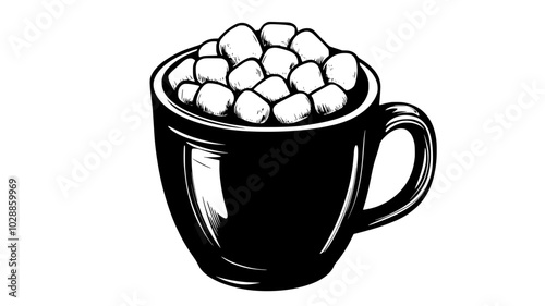 Mug of hot cocoa topped with marshmallows, illustration