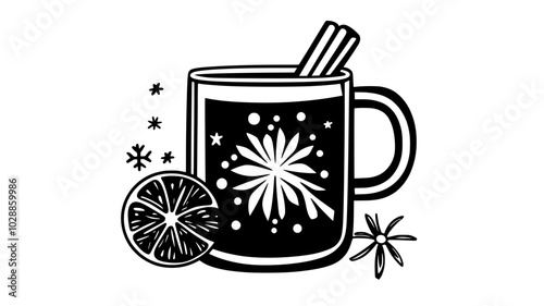 Mulled wine in a glass mug with a cinnamon stick, illustration art