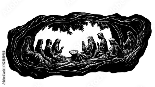 Nativity scene carved into a tree trunk displayed outdoors, illustration