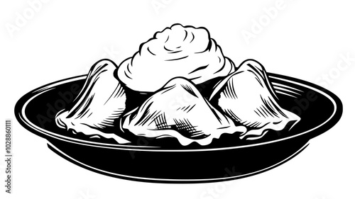 Pierogi on a plate with sour cream, illustration