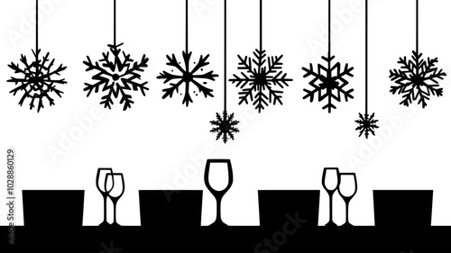 Paper snowflakes suspended from ceiling over dining table, illustration