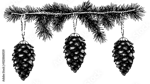Pine cones dipped in glitter hanging by twine from tree boughs, illustration
