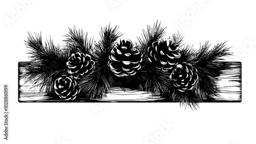 Pine garland with pinecones draped over a wooden beam, illustration art