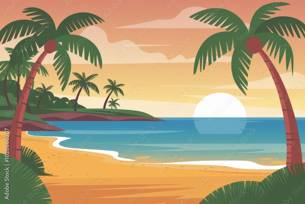 Beautiful landscape of a beach with coconut trees and sunset in the background, summer and vacation concept. Beautiful landscape of a beach with coconut trees and sunset in the background, summer and vacation concept.