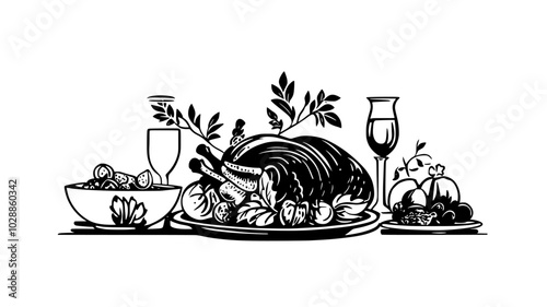 Roast turkey on platter in center of table with side dishes, illustration