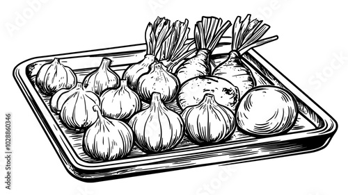 Roasted root vegetables on a sheet pan, illustration art