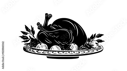 Roasted turkey on a platter with garnish, illustration