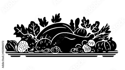 Roast turkey on a platter surrounded by vegetables, illustration art