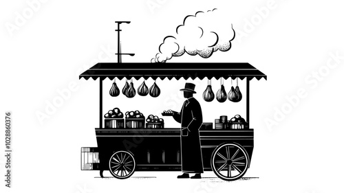 Roasted chestnut cart with spiraling smoke in a bustling market scene, illustration art