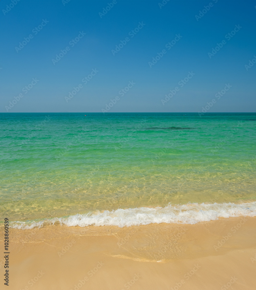 Beautiful horizon landscape summer season vertical front view point tropical sea beach white sand clean and blue sky background calm nature ocean wave water travel at Sai Kaew Beach thailand holiday Beautiful horizon landscape summer season vertical front view point tropical sea beach white sand clean and blue sky background calm nature ocean wave water travel at Sai Kaew Beach thailand holiday